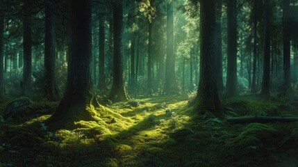 Fototapeta premium Enchanted Forest: Sunbeams Dance Through Ancient Trees