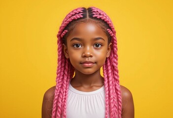 Dark-skinned girl with pink braids on a delta background