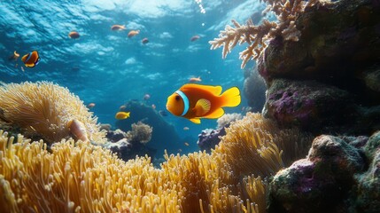 A vibrant underwater scene featuring numerous fish gracefully swimming around colorful coral formations.