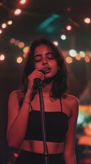 A young South Asian female artist passionately sings into a mic, surrounded by captivating lights