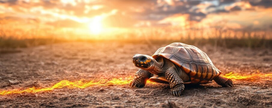 Speeding tortoise with a fiery trail across a desert landscape surreal and humorous imagery symbolizing unexpected speed and determination