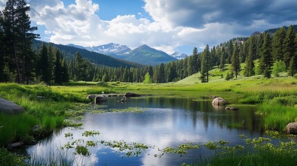 A beautiful mountain landscape with a lake in the foreground. The water is calm and the sky is cloudy