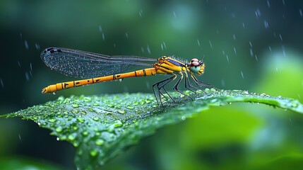 A brown dragonfly with intricate wing patterns rests on a green leaf,