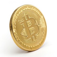 Close-Up of a Detailed Bitcoin Coin in Shimmering Gold Finish on a White Background, Ideal for Representing Cryptocurrency Themes, Digital Investment, and Modern Finance Concepts