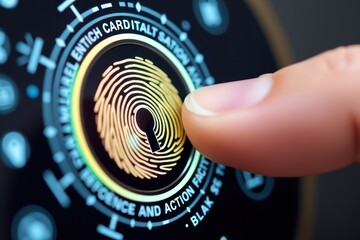 Fototapeta premium A high-tech digital fingerprint scanning concept featuring a futuristic interface with biometric authentication. The glowing fingerprint is highlighted against a sleek, technology-inspired background
