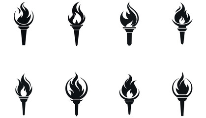 A bold, solid black silhouette of a torch with flames.