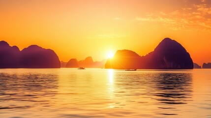 A serene aerial view captures a boat drifting on tranquil waters during a vibrant sunset, showcasing nature's beauty and peaceful ambiance.