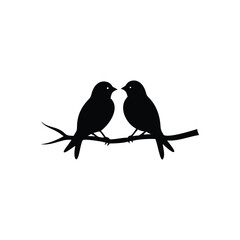 Black Silhouette two birds on a branch, valentine day vector.