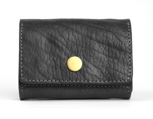 Black leather wallet with a gold button closure