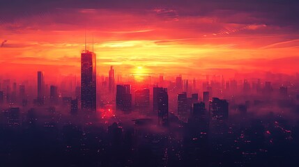 A vibrant city skyline at sunset, with silhouettes of skyscrapers against a colorful sky filled with orange, pink, and purple hues.