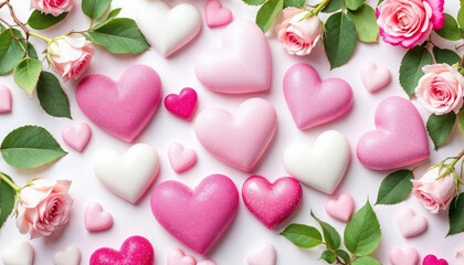 Varios corazones en tonos de rosa y blanco, dispuestos junto a rosas de color rosa suave con hojas verdes, sobre un fondo blanco liso