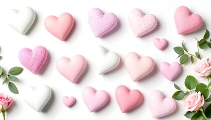 Fototapeta premium Varios corazones en tonos de rosa y blanco, dispuestos junto a rosas de color rosa suave con hojas verdes, sobre un fondo blanco liso