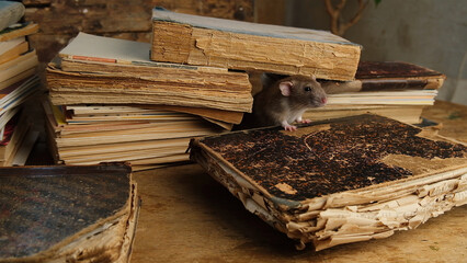 Gray and brown rat run among old books.