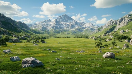 Sunny mountain meadow landscape, ideal for hiking and relaxation