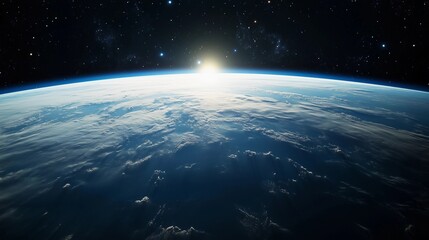 Fototapeta premium A clear blue sky with a bright sun in the middle. The sun is shining brightly on the Earth, illuminating the entire planet. Concept of peace and tranquility
