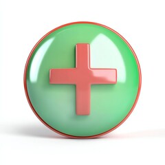 Fototapeta premium A glossy green button with a red border featuring a central pink plus sign, symbolizing addition or positivity.