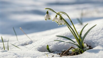 A small white winter-flowering plant with delicate nodding blooms on a slender stem against a crisp clean background, winter decor, snow drop, peaceful atmosphere