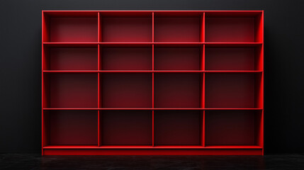 red bookshelf with multiple compartments on black background , bookcase