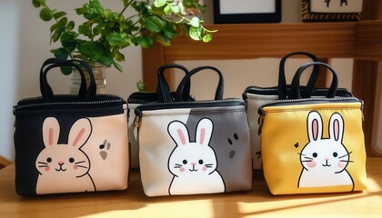 Three vibrant bags featuring cartoon animals are placed on a table, showcasing playful designs perfect for children or animal lovers.