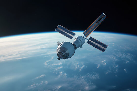 Spacecraft in low Earth orbit showcasing solar panels and Earth below - Powered by Adobe