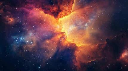 Fototapeta premium A colorful space with a large orange cloud in the middle. The stars are scattered throughout the sky, creating a sense of depth and wonder