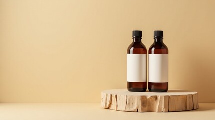 Amber glass bottles with blank labels displayed on a rustic wooden surface against a neutral backdrop, ideal for product presentation and branding showcasing minimalist design elements.