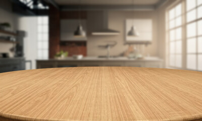 Beautiful round wooden table with kitchen background