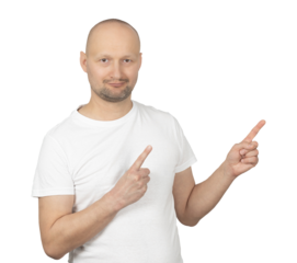 Man in a white t-shirt pointing in two directions with a confident smile