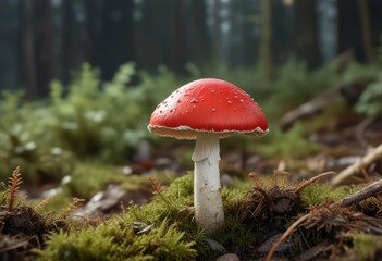A red capped mushroom with a white and brown stem, rustic, fungus