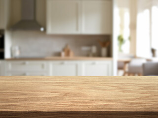 Beautiful natural wooden table with kitchen background