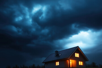 Dark clouds gather above a cozy house with glowing windows at dusk