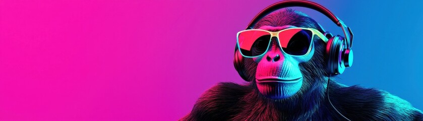 A vibrant, stylized monkey wearing headphones and sunglasses, set against a colorful pink and blue background, exuding a fun and playful vibe.