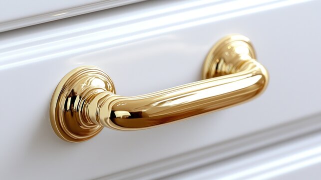 Polished gold drawer pull on white cabinet
