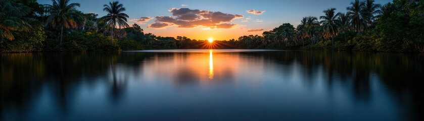 Obraz premium A serene sunset over a calm lake, framed by palm trees, reflecting golden hues and creating a peaceful atmosphere.