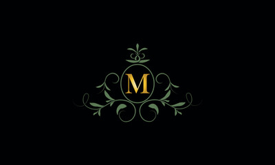 Stylish elegant logo with letter M on dark background. Sign for restaurant, emblem of jewelry, boutique, hotel, business.