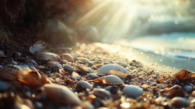 Scene of seashells scattered on a sparkling beach, smooth repeating motion for background video animation