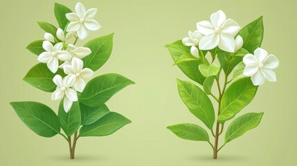 Beautiful White Jasmine Flowers on Green Background with Lush Leaves and Natural Vibes