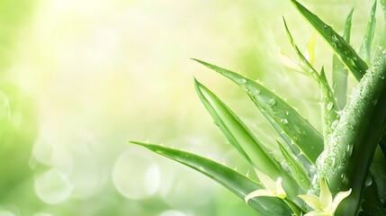 Fototapeta premium Lush green leaves and plants in natural garden or forest setting with bright sunlight filtering through foliage Peaceful serene and calming natural landscape background for wellness healthy living