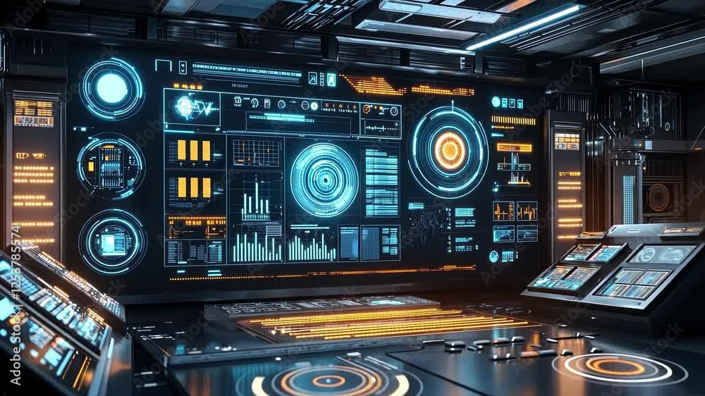 Poster futuristic control room with glowing screens displaying complex data analysis and system information