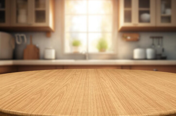 Beautiful round wooden table with kitchen background