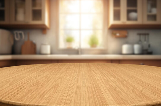 Beautiful round wooden table with kitchen background