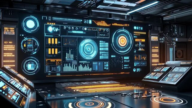 Futuristic control room with glowing screens displaying complex data analysis and system information, representing advanced technology and monitoring capabilities