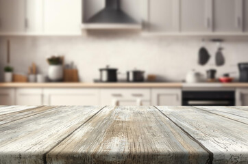 Beautiful natural wooden table with kitchen background