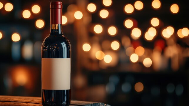 Red wine bottle with blank label and glowing golden bokeh