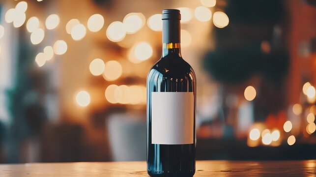 Red wine bottle with blank label and golden festive bokeh