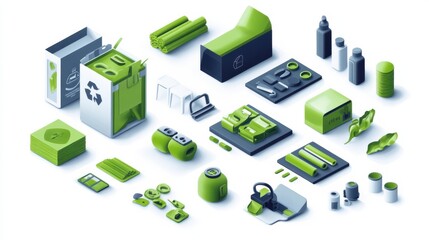 Obraz premium Green solutions abstract concept vector illustration set. Waste-free wood products, safe storage of waste, fuel economy, zero waste products, sorting and recycling, electric car abstract metaphor.