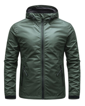 Green hooded waterproof jacket isolated on transparent background