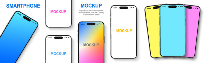 Smartphone mockup collection, 3D mobile phones device front view, high quality smart phone mockup with shadow, realistic smart phone set isolated