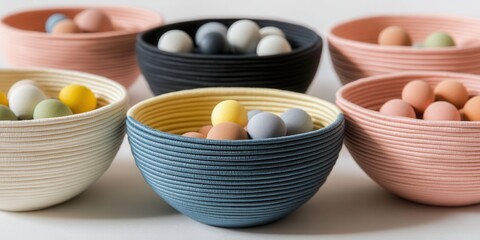 A series of bowls filled with eggs are neatly arranged on a table, showcasing a variety of egg types and colors in an organized manner.