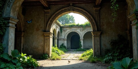 Fototapeta premium Serene Courtyard of an Overgrown Architectural Ruin, Bathed in Sunlight, a Single Bird Stands in the Center, a Butterfly Flutters Nearby